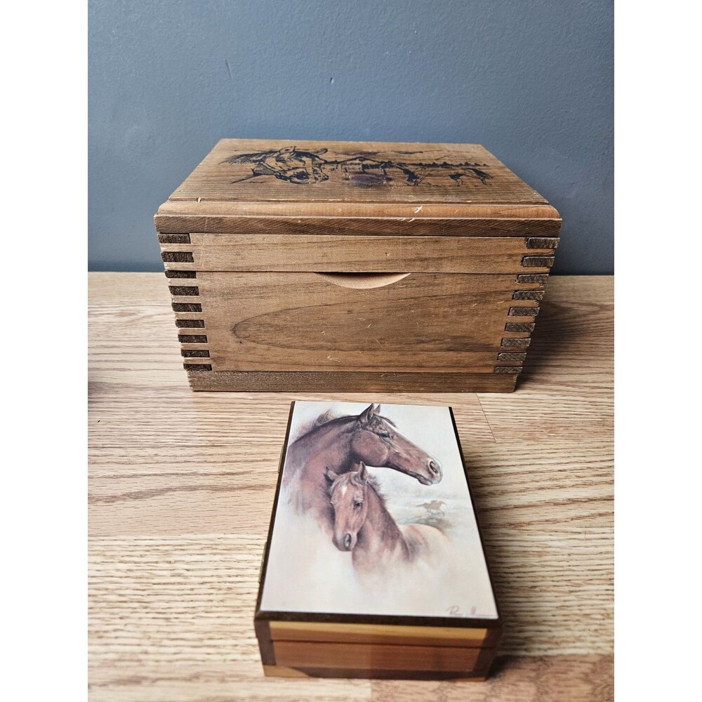 VINTAGE Wooden WOOD HINGED DOVETAILED TRINKET storage  BOX horses western chest